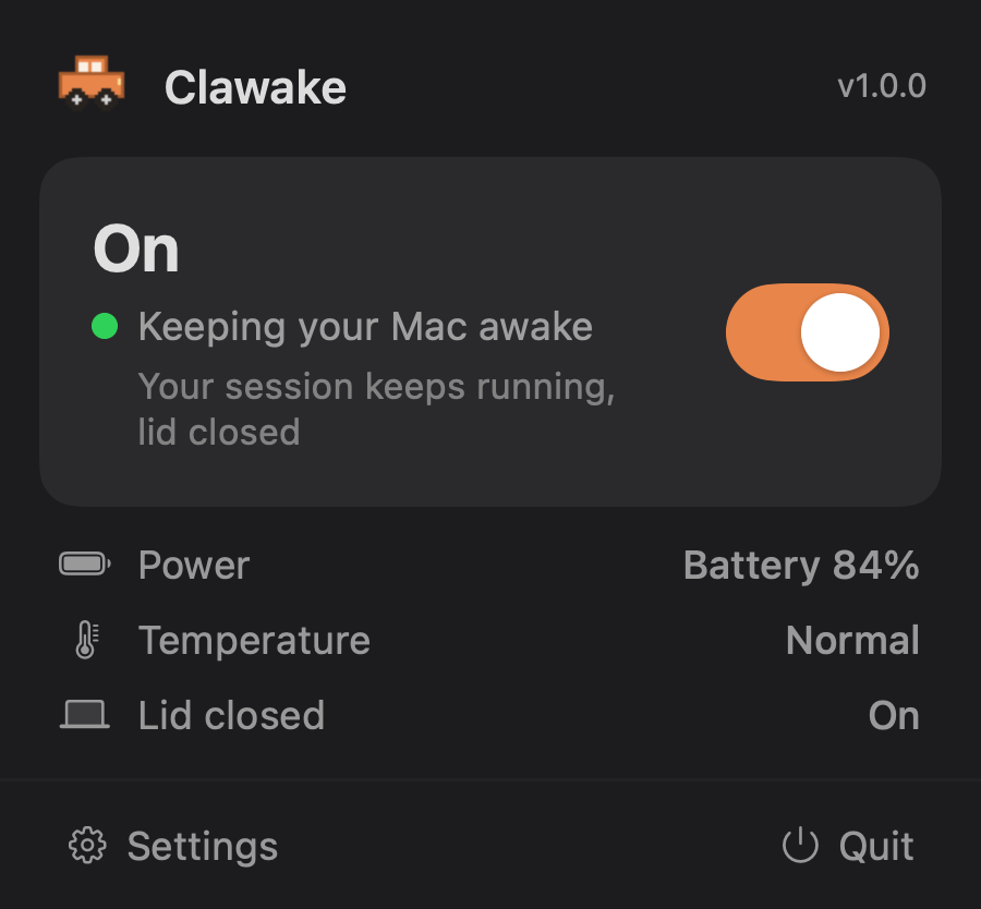 The Clawake menu bar panel: switched on and keeping the Mac awake, showing power, temperature, and lid-closed status